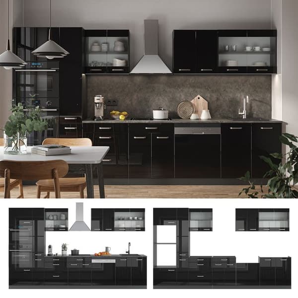 R-Line kökslinje, 350 cm med högskåp, PT Marble, Svart Högglans, Vicco