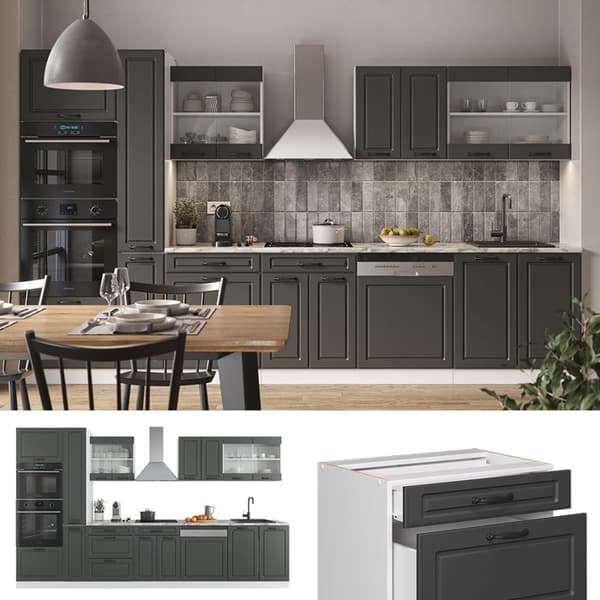 R-Line kökslinje, 350 cm med högskåp, PT Marble, Lanthus antracit/vit, Vicco