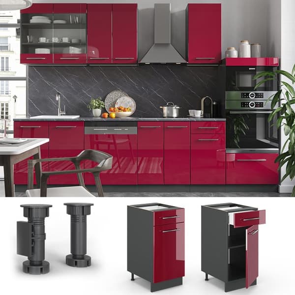 Köksmöbel Fame-Line, 40 cm, PT Ek, Bordeaux hög glans, Antracit, Vicco