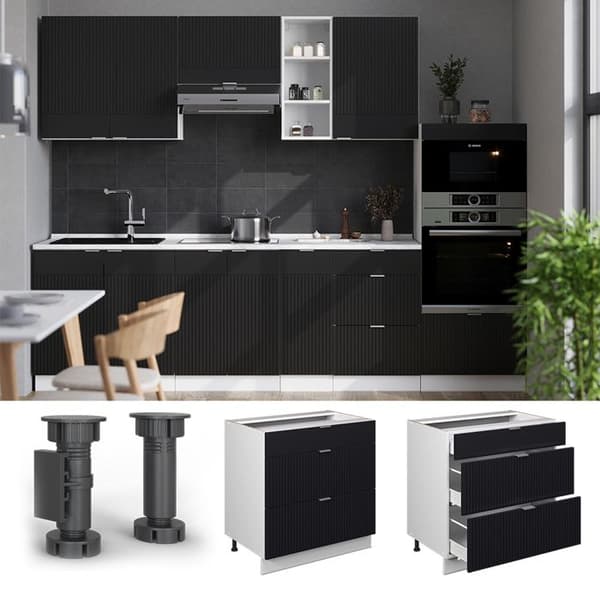 Fame-Line köksskåp, 80cm med 3 lådor, PT Marble, Svartrandig, Vit, Vicco