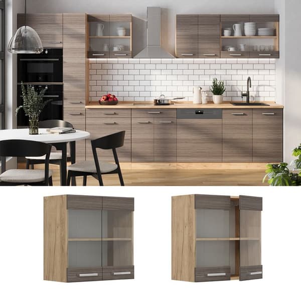 Köksmöbel hög vitrin R-Line, 60 cm, Ädelgrå, Guldig ek, Vicco