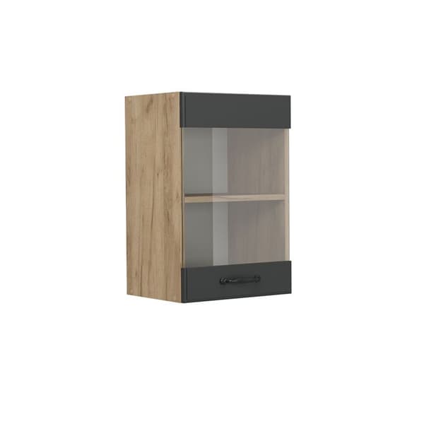 Högskåp med glasdörrar R-Line, 40cm, Mörkgrå lantstil, Guld ek, Vicco
