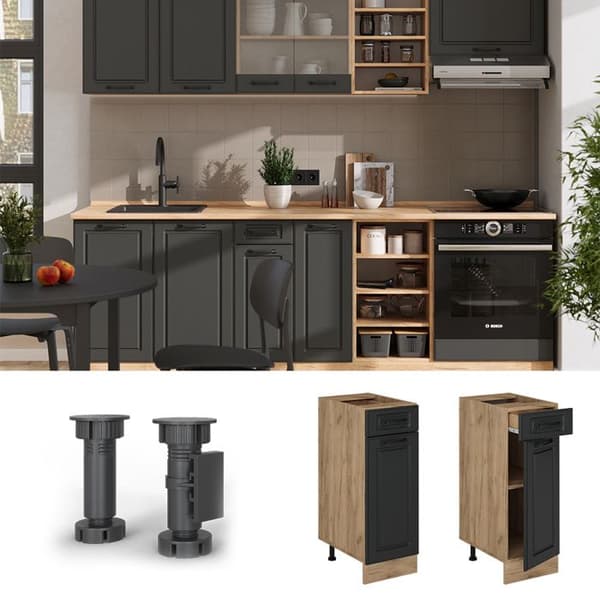 Köksmöbel R-Line, 30cm PT Marmor, Antracit lantligt, Gyllene ek, Vicco