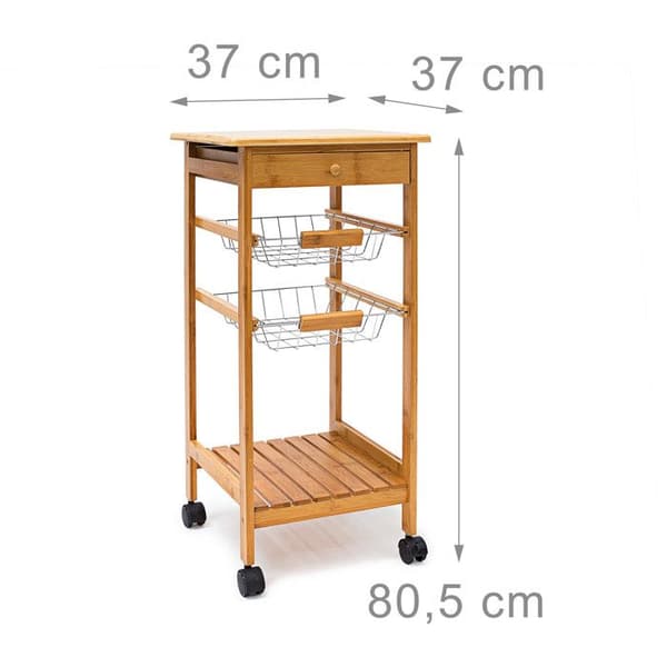 Relaxdays JAMES Bamboo Trolley med 4 hjul Bricka Låda Kökshyllor HxBxD: 80,5 x 37 x 37 cm, Natural