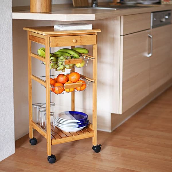 Relaxdays JAMES Bamboo Trolley med 4 hjul Bricka Låda Kökshyllor HxBxD: 80,5 x 37 x 37 cm, Natural