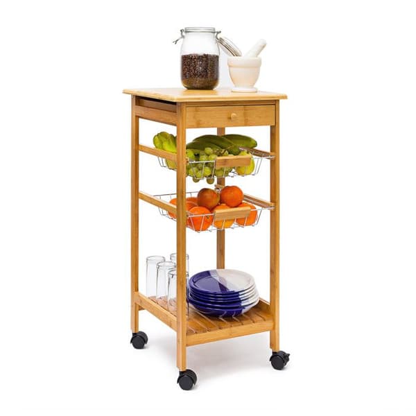 Relaxdays JAMES Bamboo Trolley med 4 hjul Bricka Låda Kökshyllor HxBxD: 80,5 x 37 x 37 cm, Natural