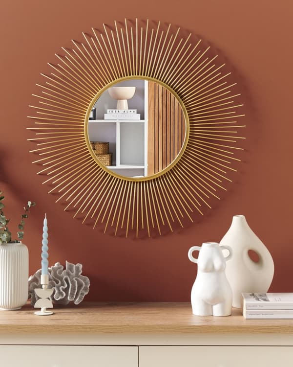 Väggmonterad Hängande Spegel Guld 80 cm Rund Solstråle Sol Form