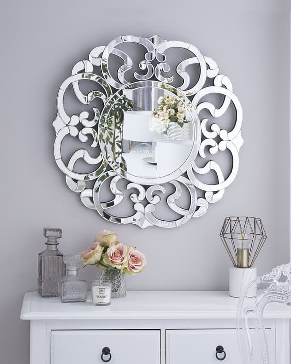 Hängande Väggspegel Silver 70 cm Rund Dekorativ Oregelbunden Ram Vardagsrum Sovrum Sminkspegel