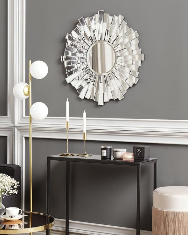 Seinäpeili hopea 70 x 70 x 2 cm MDF-levy lasi pyöreä kiiltävä ripustuskoukut glamour