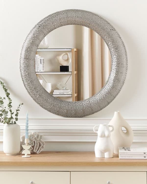 Seinäpeili hopea 80 x 80 x 5 cm metalli lasi pyöreä ripustuskoukut glamour retro