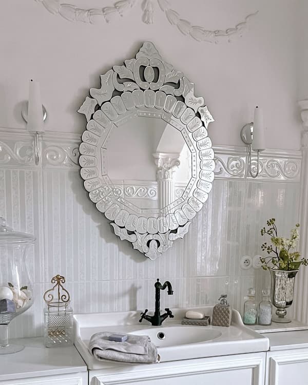 Vægspejl Sølv Blank MDF og Glas 70x100 cm Dekorativt Stort Rundt Royal Prinsesse Design Pigeværelse Entré Venetiansk Glamour stil Indretning