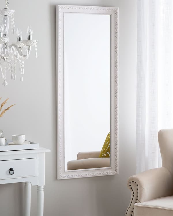 Vægspejl Hvid Sølv Plastik MDF 50 x 130 cm Dekorativ Aflangt Lodret Væghængt Spejl med Ramme til Entré Stue Pigeværelse Spejlvæg Design