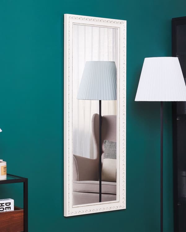 Vægspejl Hvid Sølv Plastik MDF 50 x 130 cm Dekorativ Aflangt Lodret Væghængt Spejl med Ramme til Entré Stue Pigeværelse Spejlvæg Design