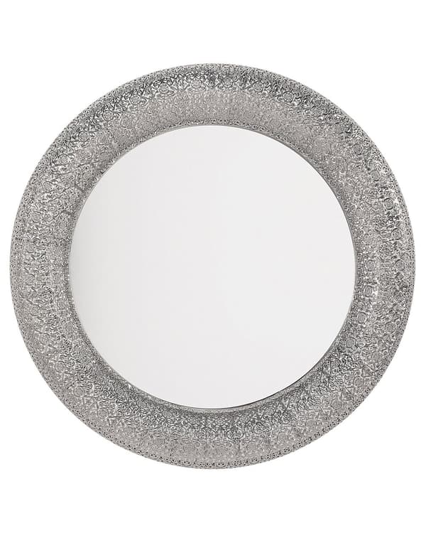 Vægspejl Sølv Metal og Glas 80 x 80 cm Rund Stort Dekorativ Væghængt Tekstureret Spejl Indgraveret Ramme til Stue Entré Soveværelse Indretning