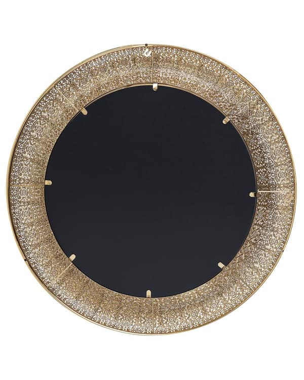 Vægspejl Guld Metal og Glas 80 x 80 cm Rund Stort Dekorativ Væghængt Tekstureret Spejl Indgraveret Ramme til Stue Entré Soveværelse Indretning