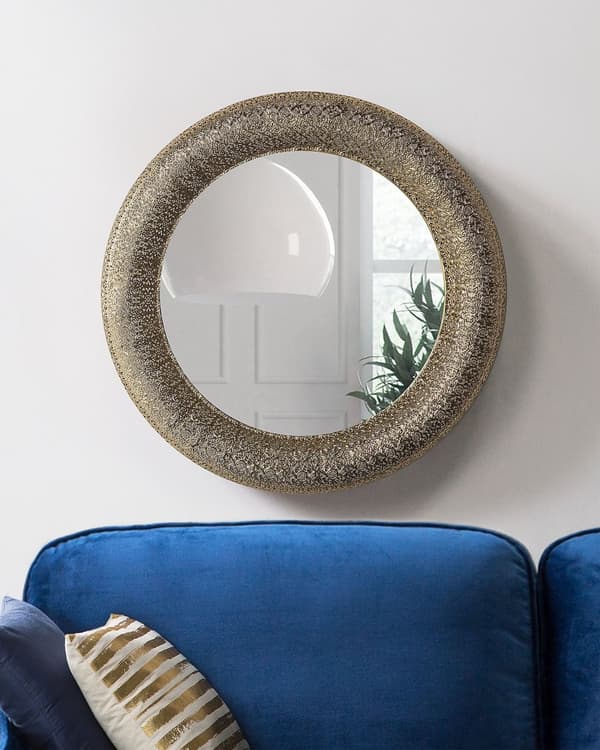Vægspejl Guld Metal og Glas 80 x 80 cm Rund Stort Dekorativ Væghængt Tekstureret Spejl Indgraveret Ramme til Stue Entré Soveværelse Indretning