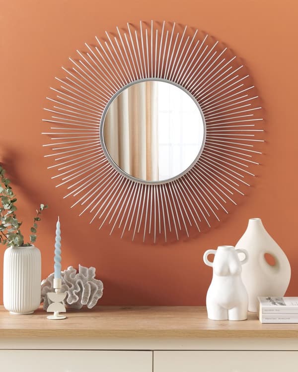 Väggmonterad Hängande Spegel Silver 80 cm Rund Solstråle Sol Form