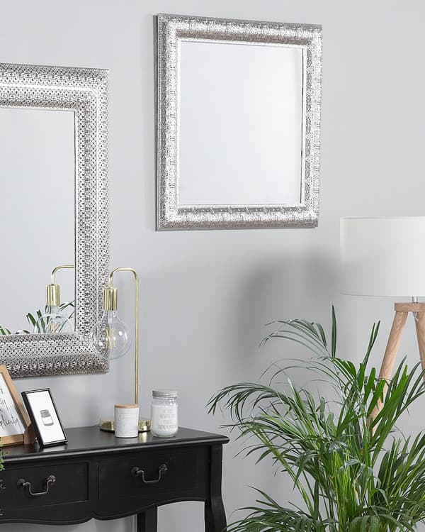 Seinäpeili hopea metalli lasi 65 x 65 cm neliö koukuilla itämainen kuvio retro glamour tyyli