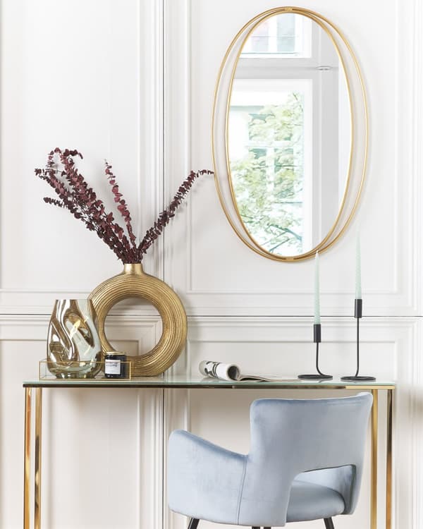 Vægspejl Guld Stål 90 x 55 cm Rundt Oval Ramme Stor Ophæng Dekor Glam Retro Stue Soveværelse til Døren Indretning Minimalistisk Skandinavisk