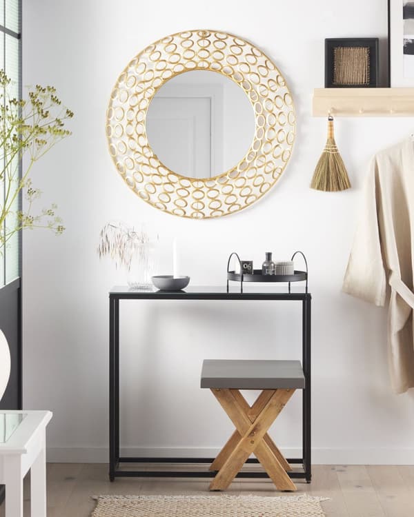 Vægspejl Guld Stål ø 80 cm Rund Dekorativ Eklektisk Design Krans Effekt Dør Ophæng Badeværelse Soveværelse Entré Indretning