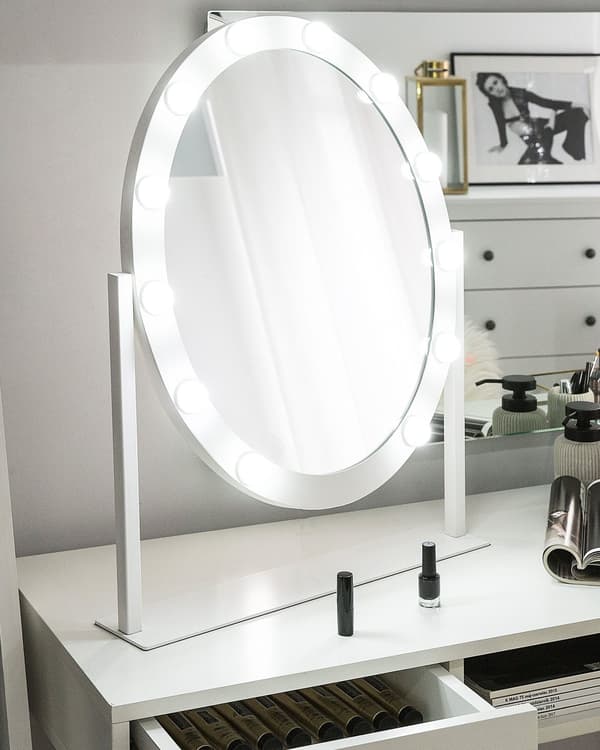 Stående Sminkspegel med LED Vit 50 x 60 cm Oval Hollywood Upplyst Glödlampor Bord