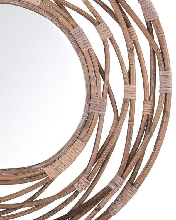 Vægspejl Brun Beige Rattan og Glas ø 75 cm Smart Rund Ramme Flet Dekorativ Gang Entré Boho Stil hænge på Dørspejl Soveværelse Indretning