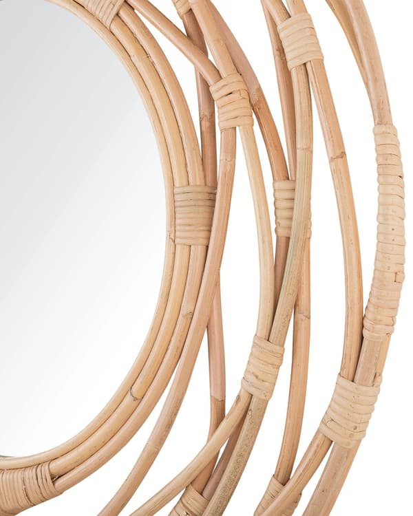 Vægspejl Lys Naturlig Rattan og Glas ø 75 cm Smart Rund Ramme Flet Dekorativ Gang Entré Boho Stil hænge på Dørspejl Soveværelse Indretning