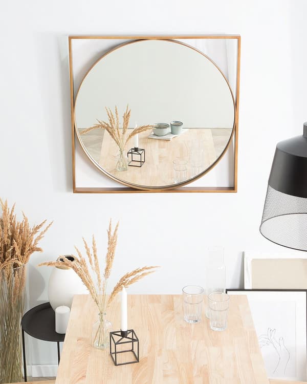 Rundt Vægspejl i Firkantet Stel Guld 81 x 81 cm Badeværelse Stue Glam