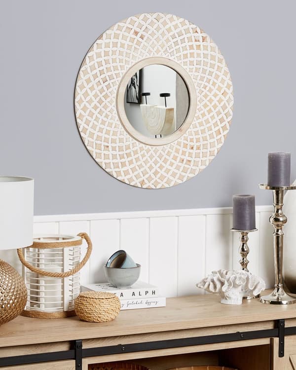 Seinäpeili beige pyöreä puukehys 60 cm geometrinen kuvio boho tyyli