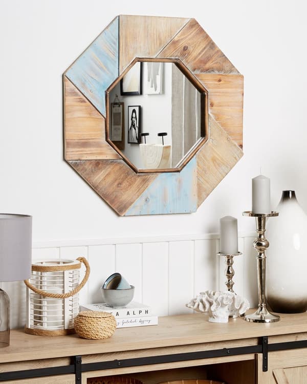 Vægspejl Lyst Ædelgran og Glas ø 77 cm Rund Boho Rustik Moderne Industriel Design Væghængt Spejl med Ramme Boligindretning Stue Køkken
