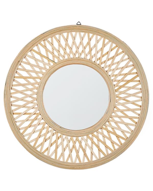Vægspejl Lys Træ Bambus Rund 60 cm Håndlavet Stel Hvid Geometrisk Diamantmønster Boho Rustik