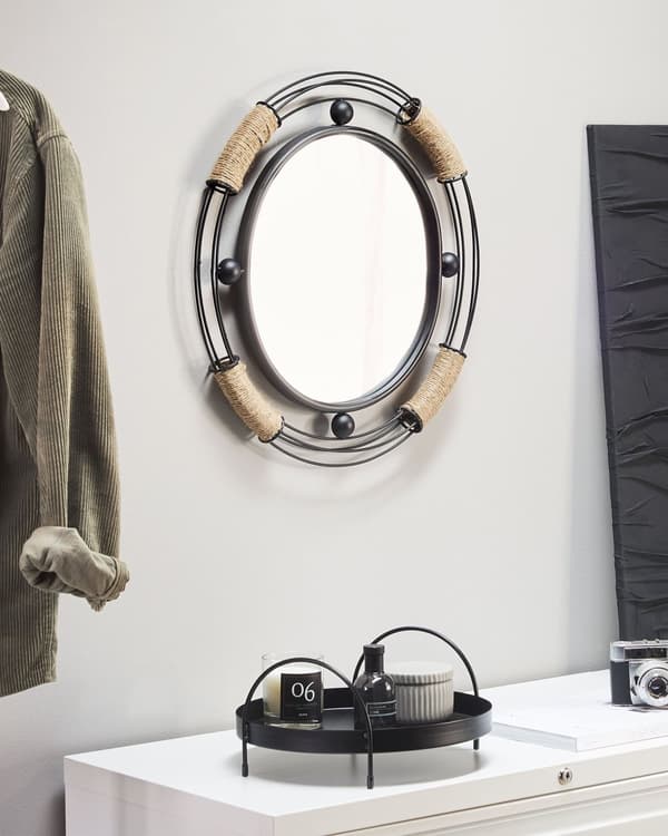 Vægspejl Sort Beige Metal Jute og Glas 60 cm Dekorativ Væghængt Rundt Spejl Rustik Stil Tilbehør til Stue Entré Pigeværelse Indretning
