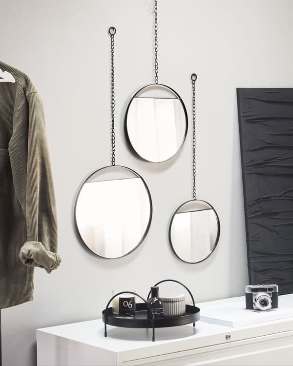 Set av 3 Väggspeglar Svart Metall med Kedjor Runda Olika Storlekar Dekorativ Accentstycke Modern Design