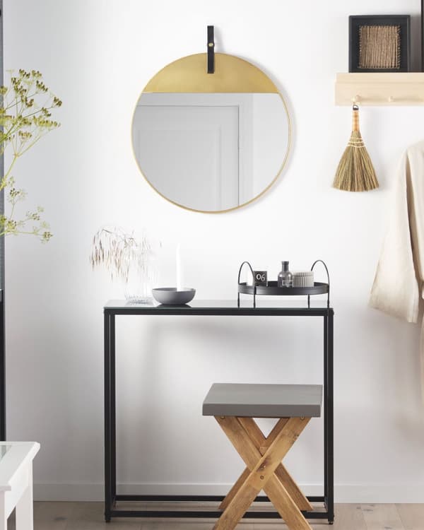 Vægspejl Guld Metal Kunstlæderrem Rund 60 cm Dekorativt Hængende Accentstykke Moderne Stil