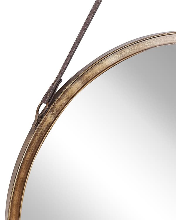 Väggspegel Guld Sliten Metall Band i Konstläder Rund 60 cm Dekorativ Hängande Accentstycke Modern