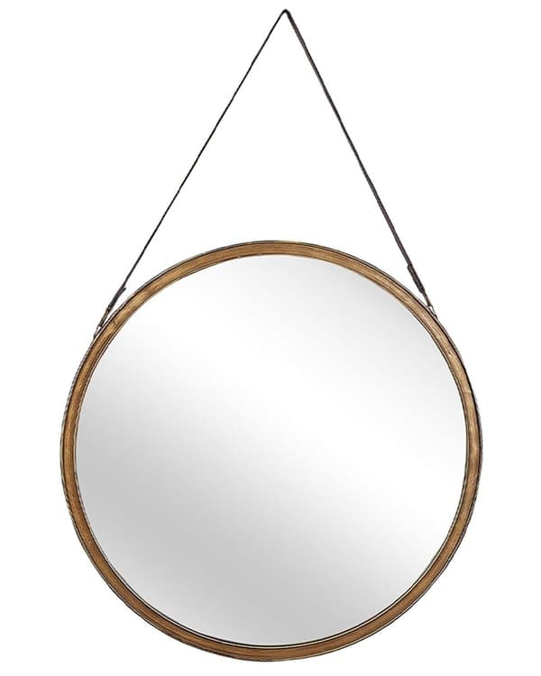 Väggspegel Guld Sliten Metall Band i Konstläder Rund 60 cm Dekorativ Hängande Accentstycke Modern