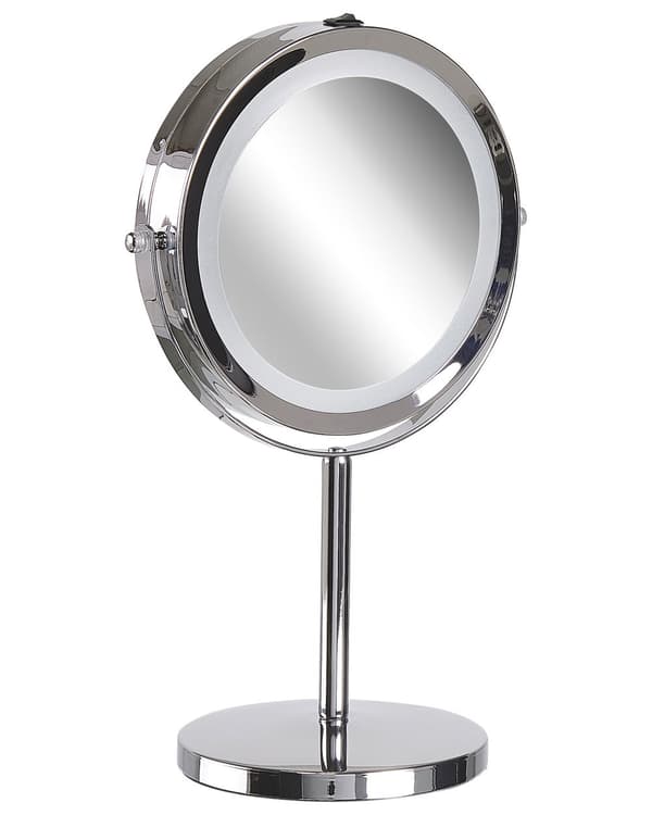 Belyst Bordsspegel Silver Metall 20 cm Dubbelsidig Förstorande LED Lampor