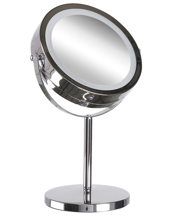 Belyst Bordsspegel Silver Metall 20 cm Dubbelsidig Förstorande LED Lampor