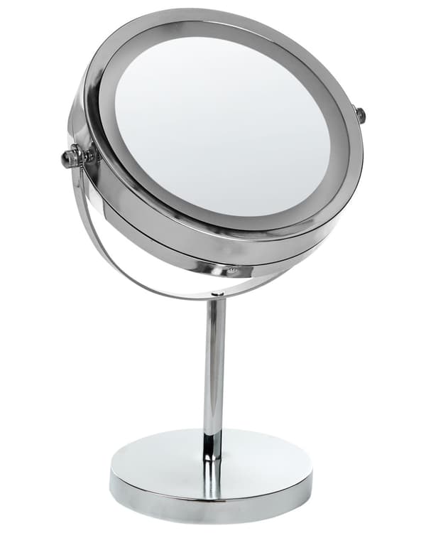 Belyst Bordsspegel Silver Metall 20 cm Dubbelsidig Förstorande LED Lampor