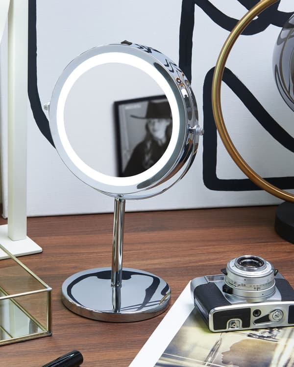 Belyst Bordsspegel Silver Metall 20 cm Dubbelsidig Förstorande LED Lampor