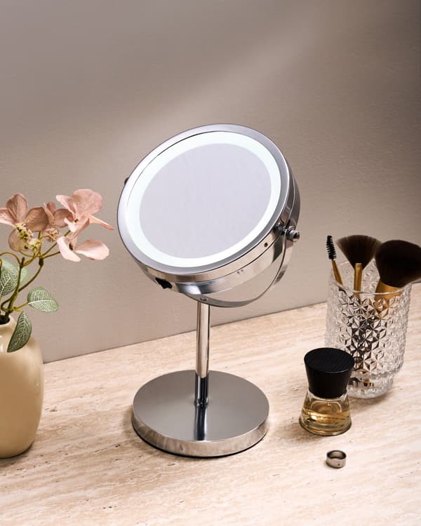 Belyst Bordsspegel Silver Metall 20 cm Dubbelsidig Förstorande LED Lampor