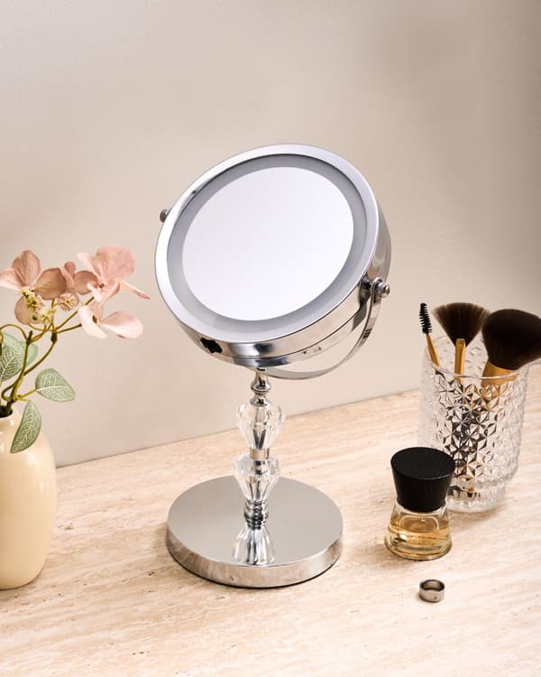 Belyst Bordsspegel Silver Metall 20 cm Dubbelsidig Förstorande LED Lampor