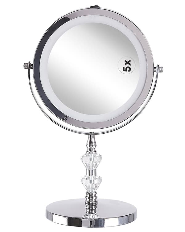 Belyst Bordsspegel Silver Metall 20 cm Dubbelsidig Förstorande LED Lampor