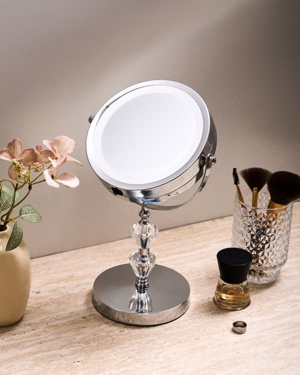 Belyst Bordsspegel Silver Metall 20 cm Dubbelsidig Förstorande LED Lampor