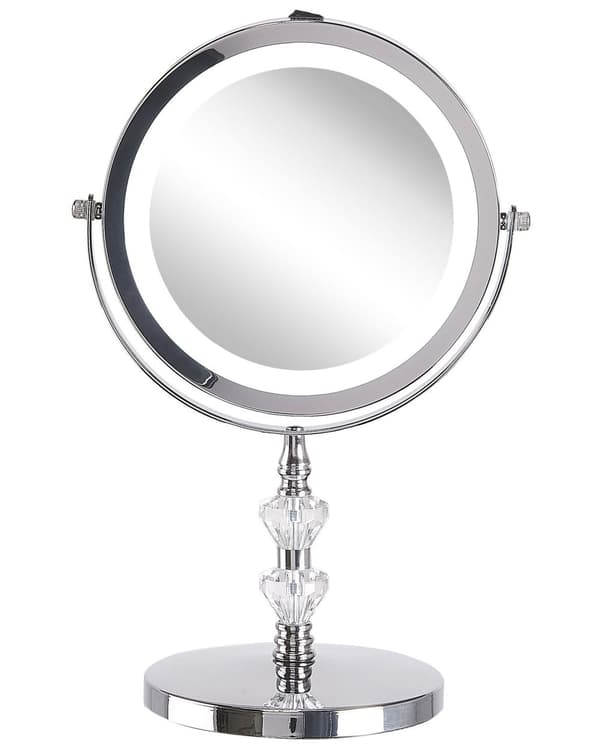 Belyst Bordsspegel Silver Metall 20 cm Dubbelsidig Förstorande LED Lampor