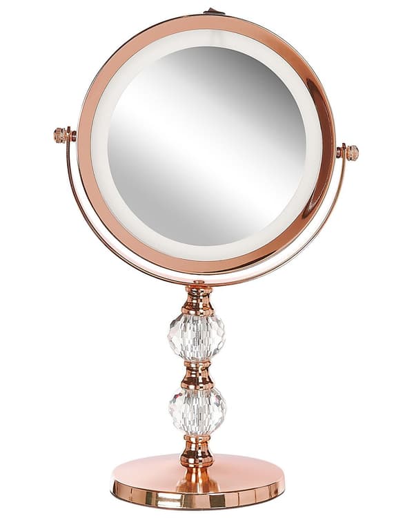 Sminkspegel Roséguld Järn Metallram 13 cm med LED Lampor 1x/5x Förstoring Dubbelsidig Smink