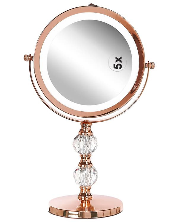 Sminkspegel Roséguld Järn Metallram 13 cm med LED Lampor 1x/5x Förstoring Dubbelsidig Smink