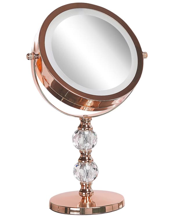 Sminkspegel Roséguld Järn Metallram 13 cm med LED Lampor 1x/5x Förstoring Dubbelsidig Smink