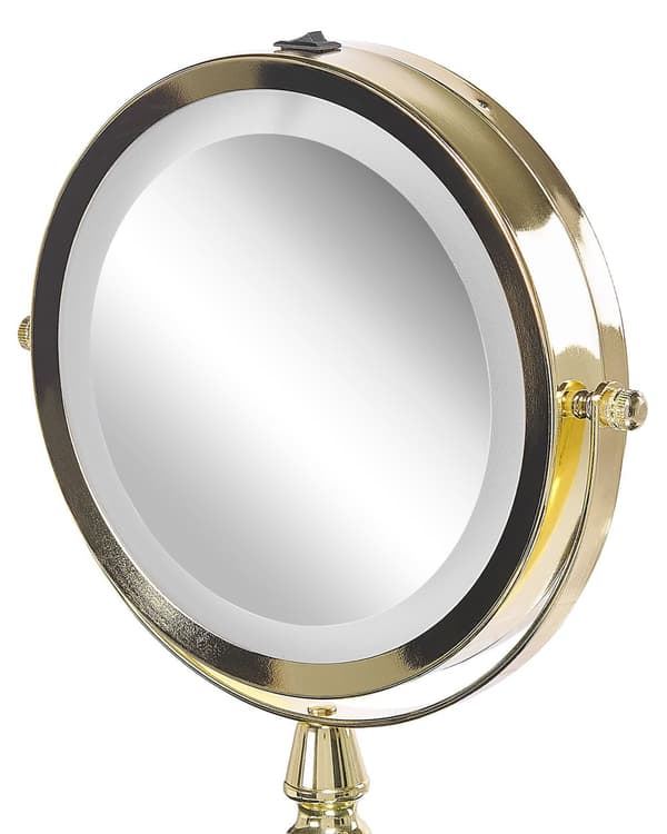 Sminkspegel Guld Järn Metall Ram 13 cm med LED Lampor 1x/5x Förstorande Dubbelsidig Smink