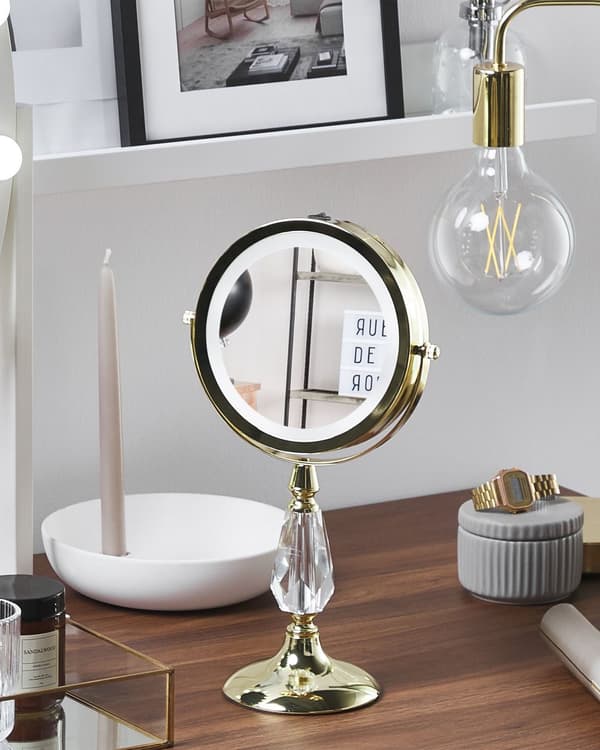 Sminkspegel Guld Järn Metall Ram 13 cm med LED Lampor 1x/5x Förstorande Dubbelsidig Smink